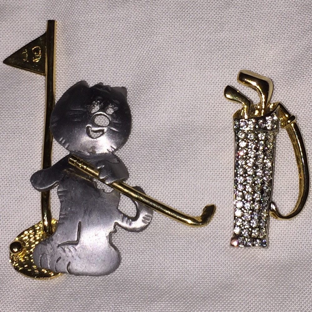 Ultra Craft Brooches SET of 2 Golf Cat Kitten+Gold Rhinestone Golf Bag